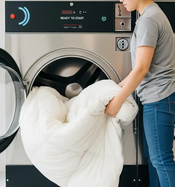 A Person Easily Loading A Large, Fluffy King Sized Comforter Into The Door Of A Spacious, Modern Commercial Washing Machine.